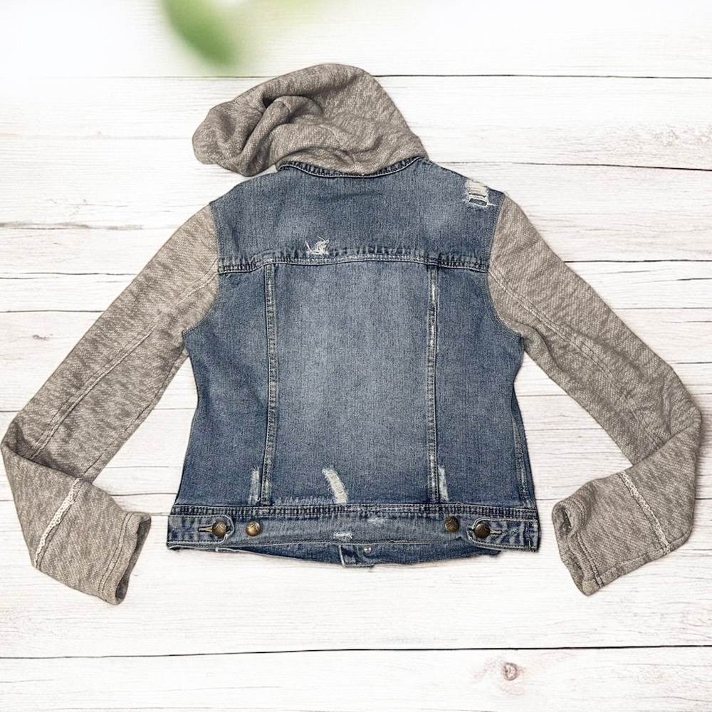 Free People Women’s Indie Wash Combo Knit Hooded 100% Cotton Denim Jacket ~ S/P - Picture 8 of 10